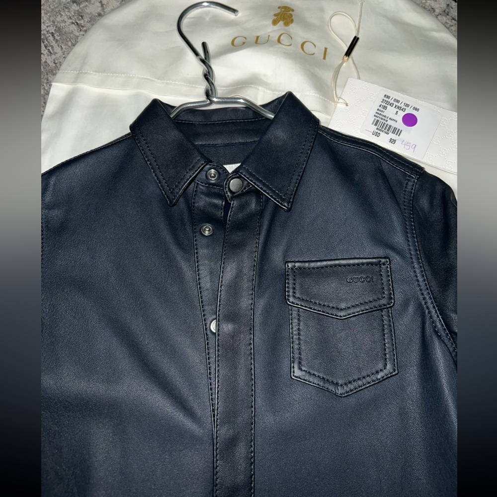 Gucci navy blue button down leather shirt jacket size 5
